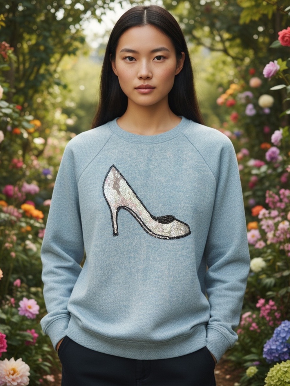 Modern Lux Light Blue Sequin High-Heel Crewneck Sweater